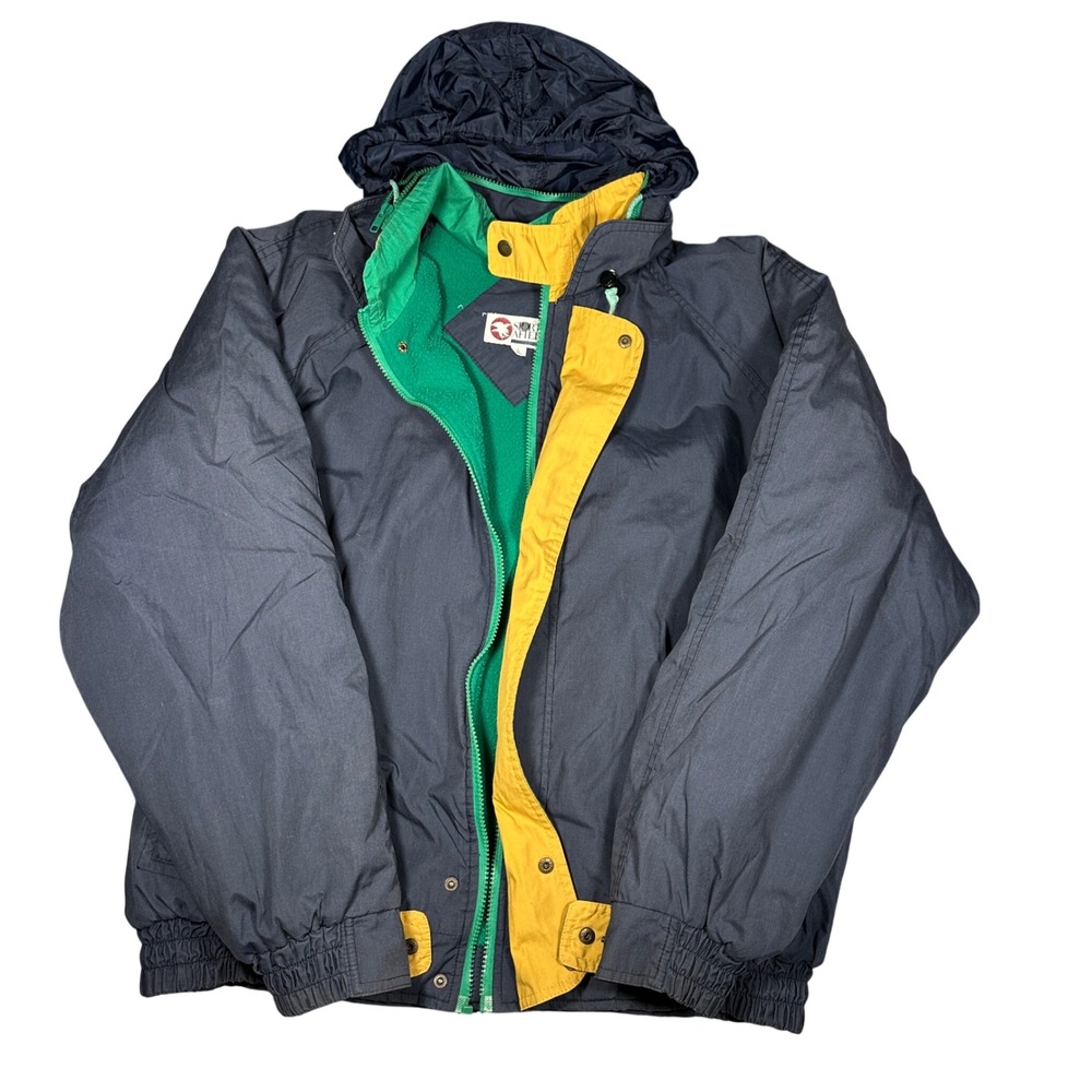Vintage Sports Afield Colorblock Hooded Jacket Navy Green Yellow XL Mens Fleece